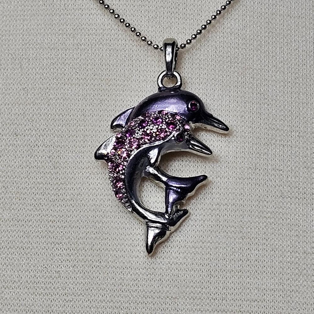 Dolphin Pendant Necklace Purple Enamel Rhinestones Silver Tone Adjustable Chain